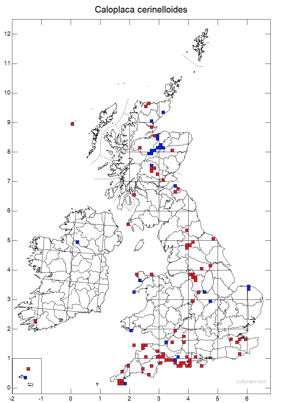 Caloplaca cerinelloides 10km sq distribution map