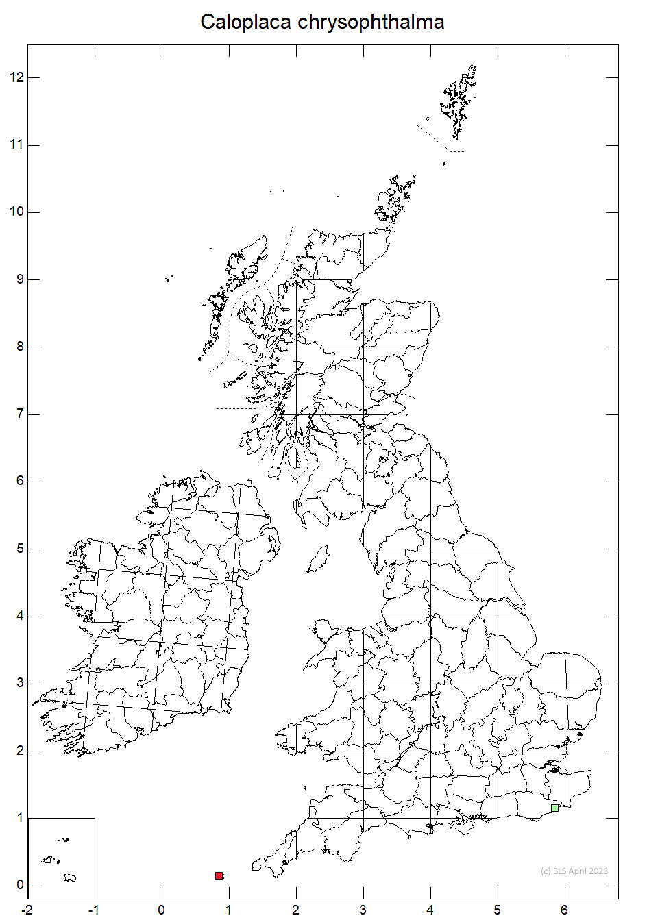 Caloplaca chrysophthalma 10km sq distribution map