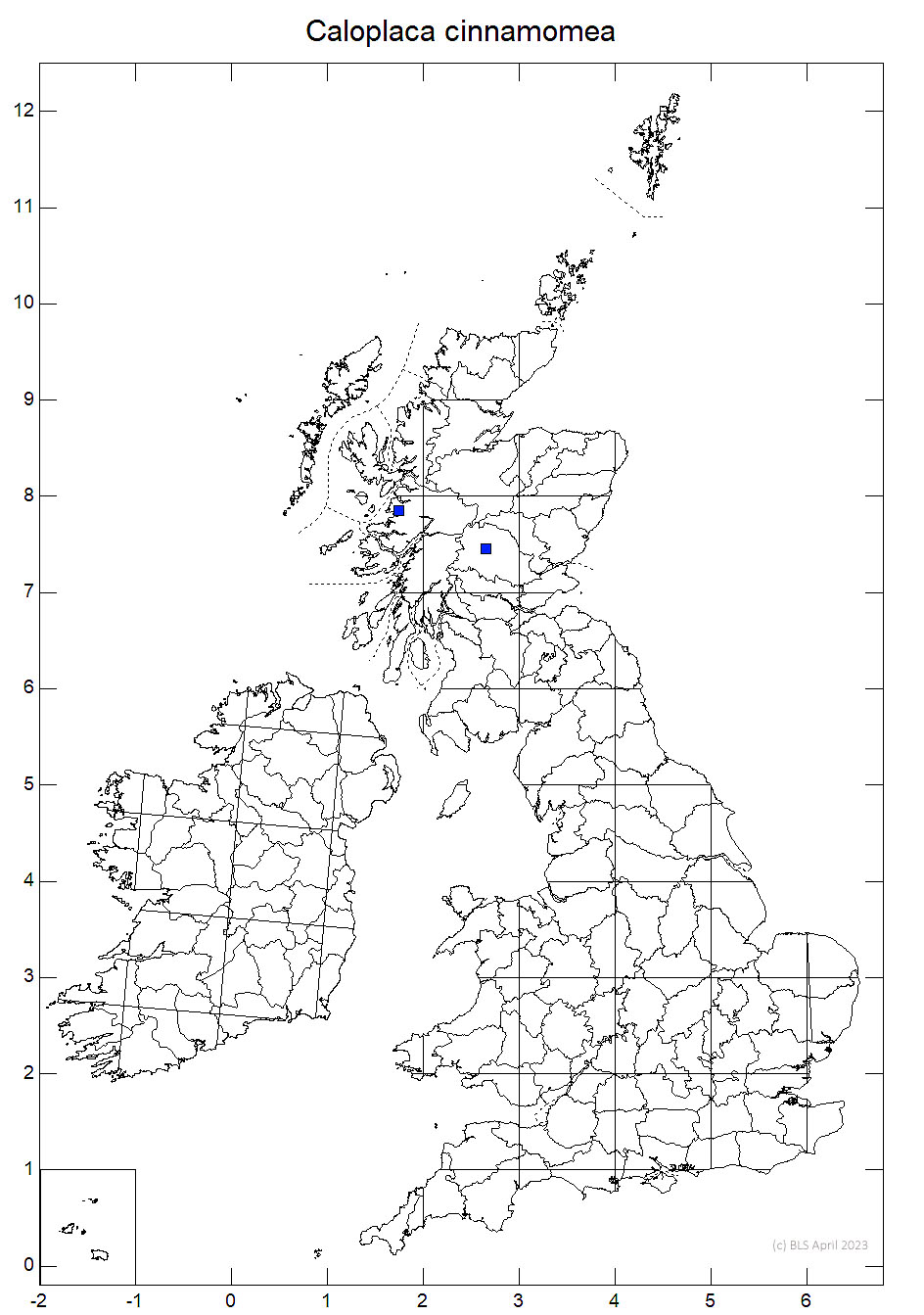 Caloplaca cinnamomea 10km sq distribution map