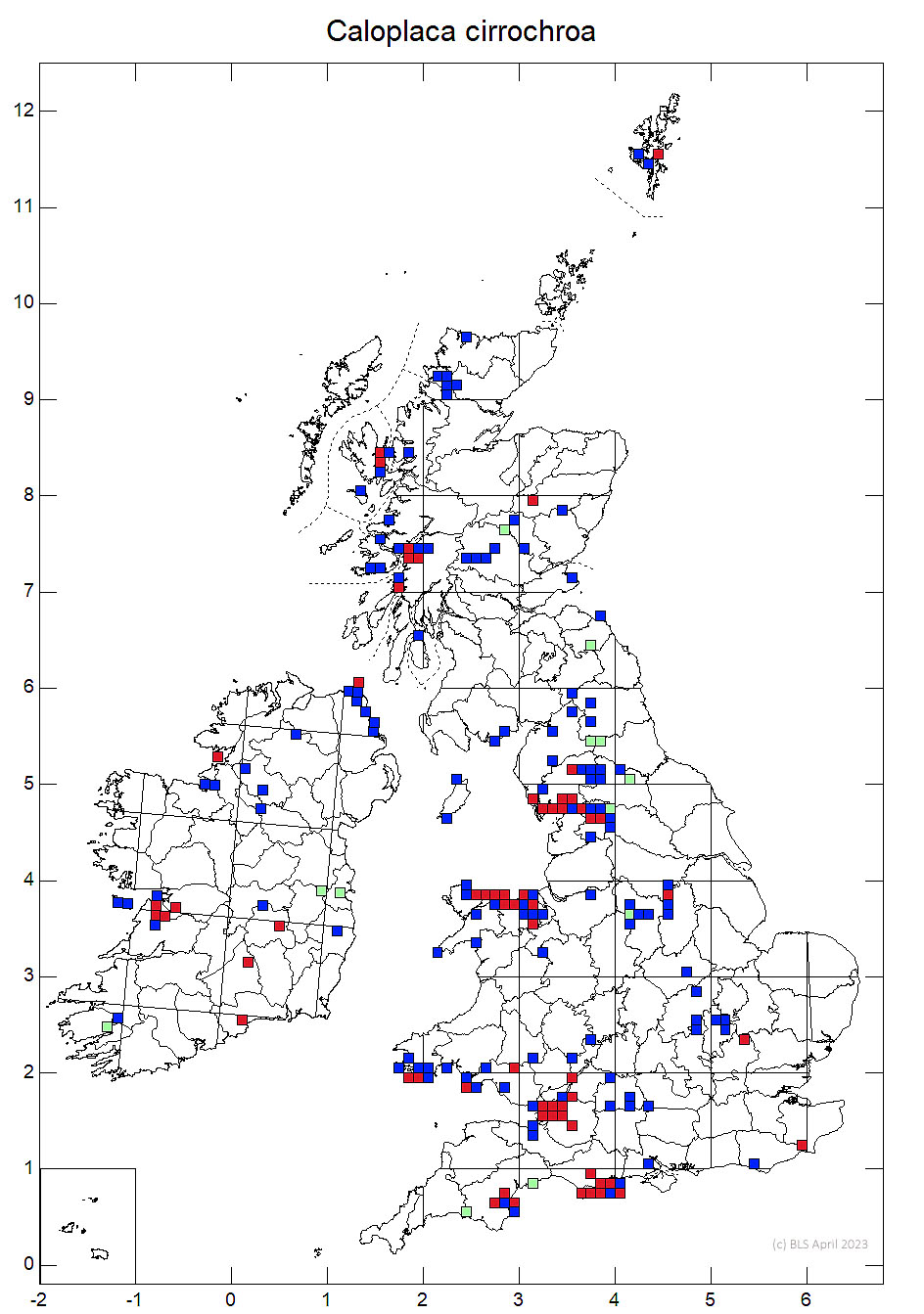 Caloplaca cirrochroa 10km sq distribution map