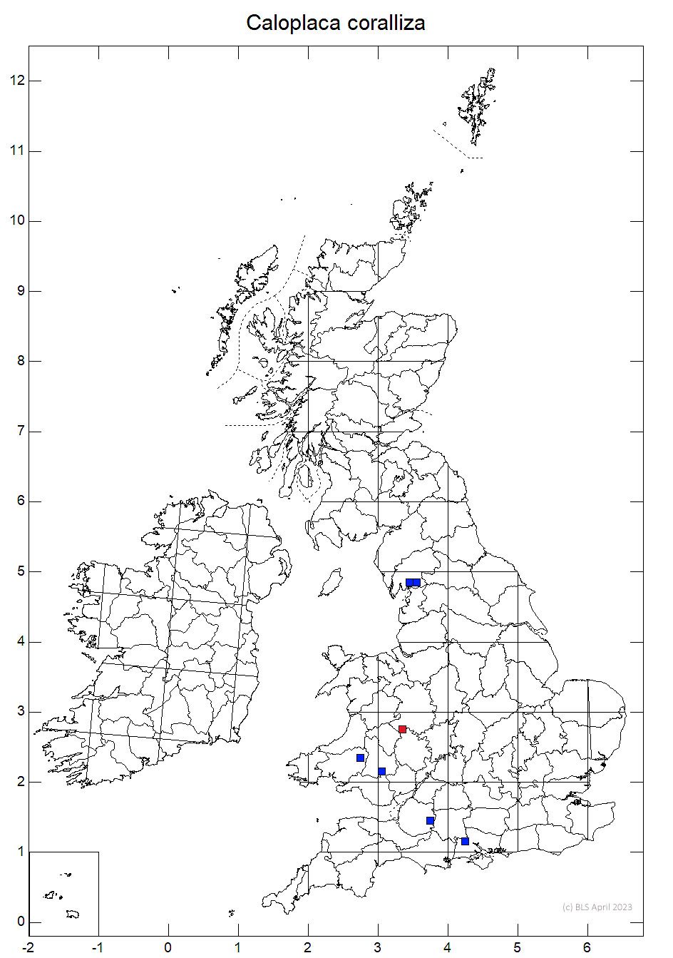 Caloplaca coralliza 10km sq distribution map