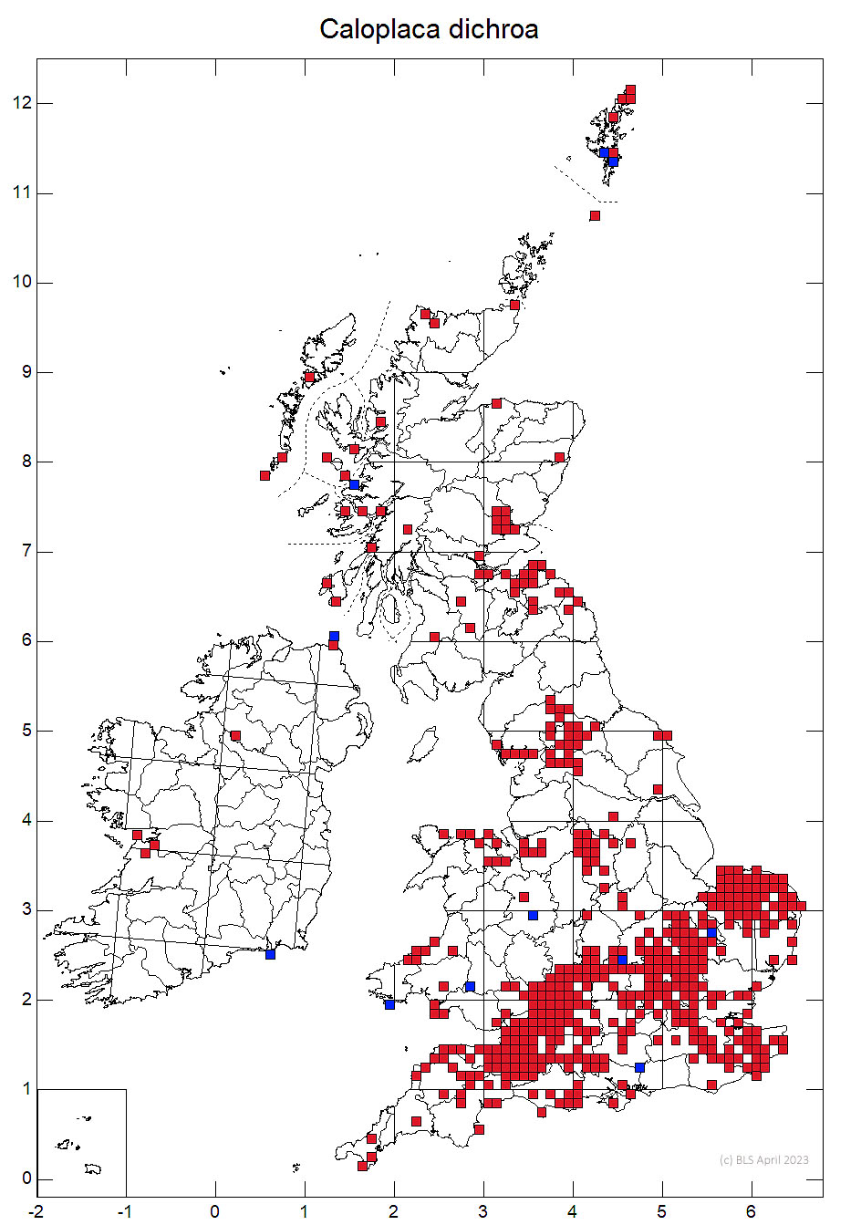 Caloplaca dichroa 10km sq distribution map
