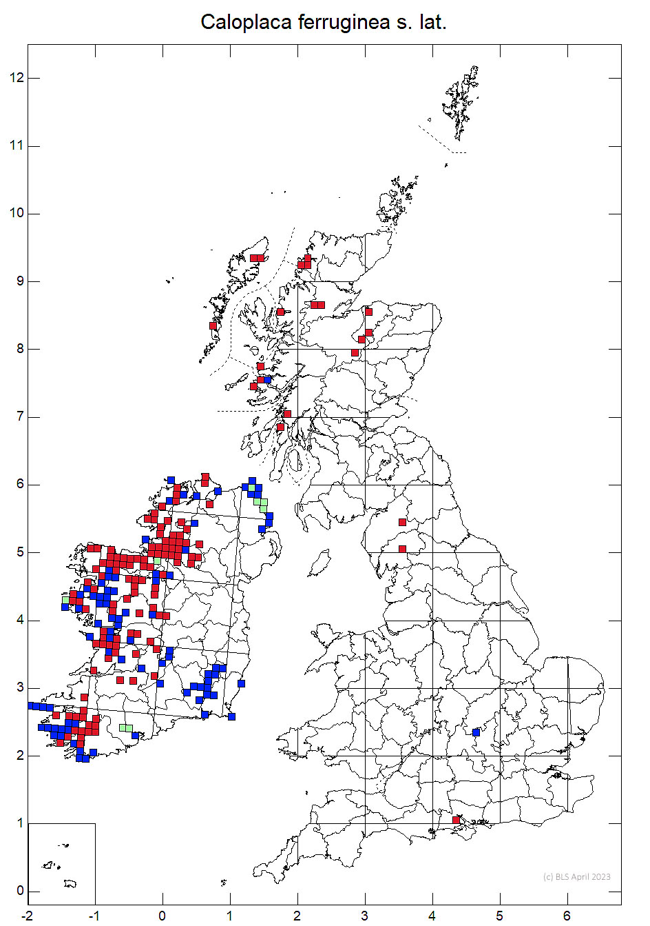 Caloplaca ferruginea s. lat. 10km sq distribution map