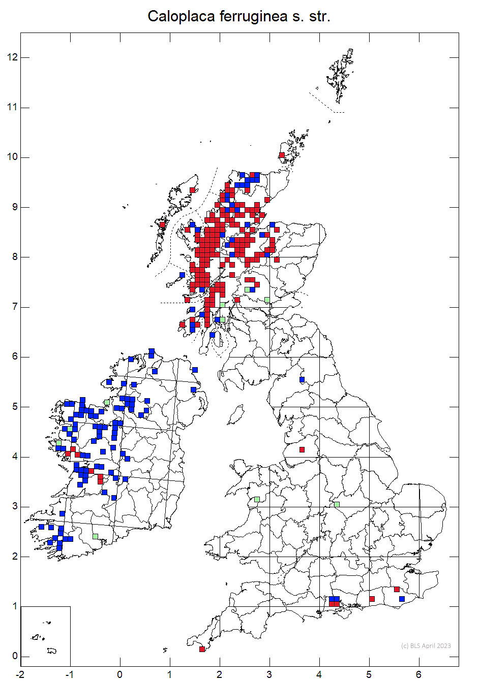 Caloplaca ferruginea s. str. 10km sq distribution map