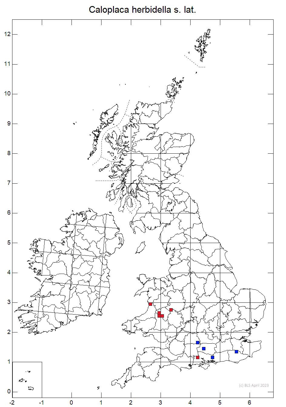 Caloplaca herbidella s. lat. 10km sq distribution map