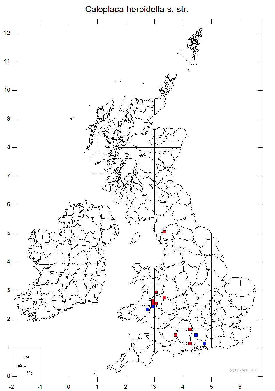 Caloplaca herbidella s. str. 10km sq distribution map