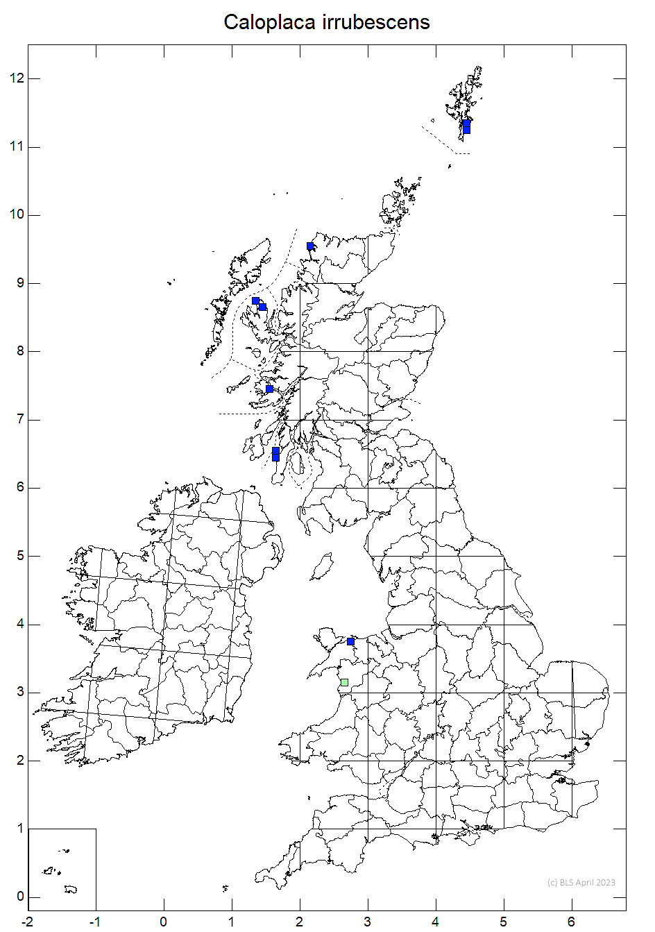 Caloplaca irrubescens 10km sq distribution map