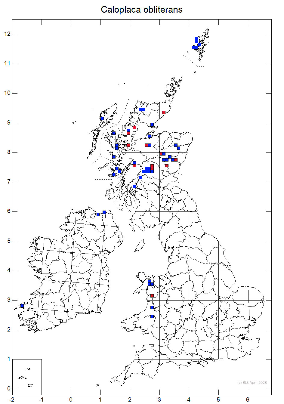Caloplaca obliterans 10km sq distribution map