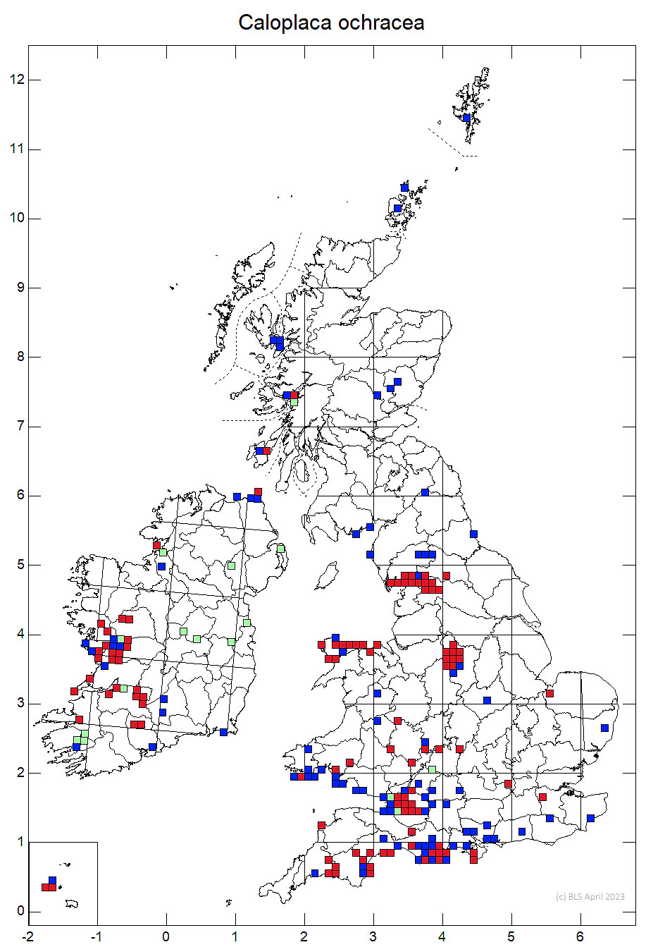 Caloplaca ochracea 10km sq distribution map