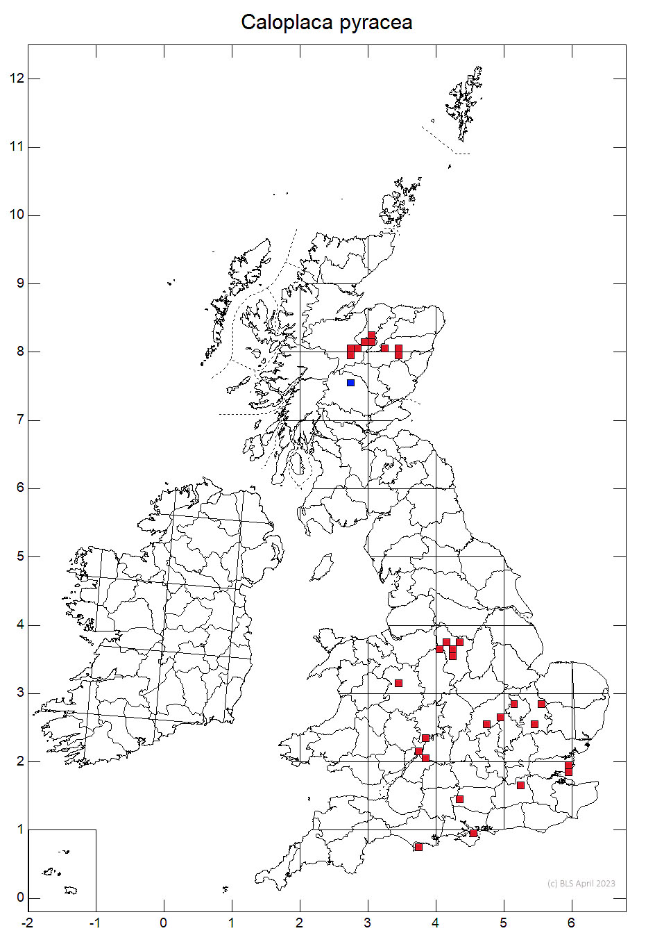 Caloplaca pyracea 10km sq distribution map