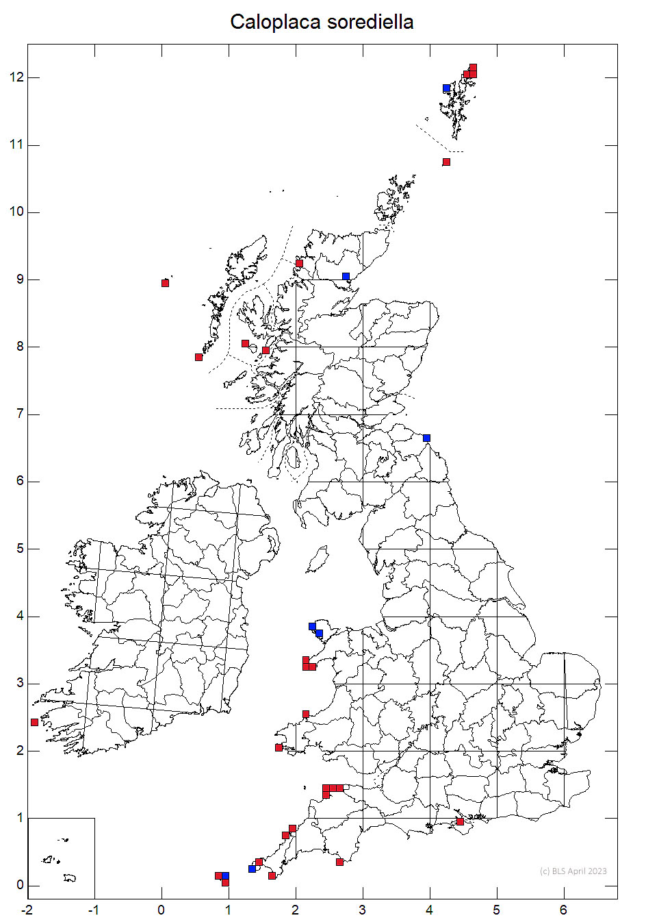 Caloplaca sorediella 10km sq distribution map