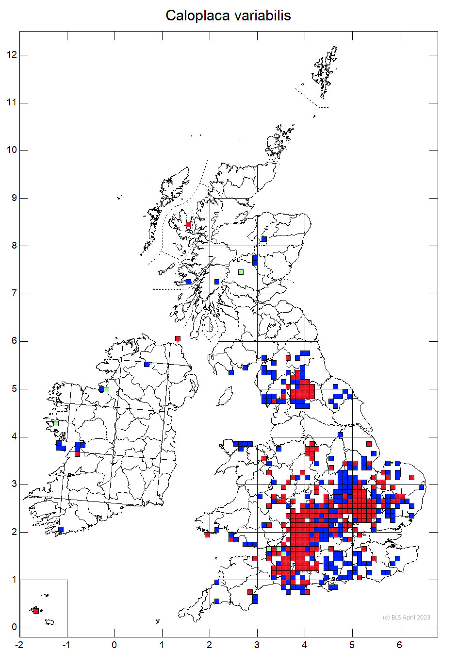 Caloplaca variabilis 10km sq distribution map