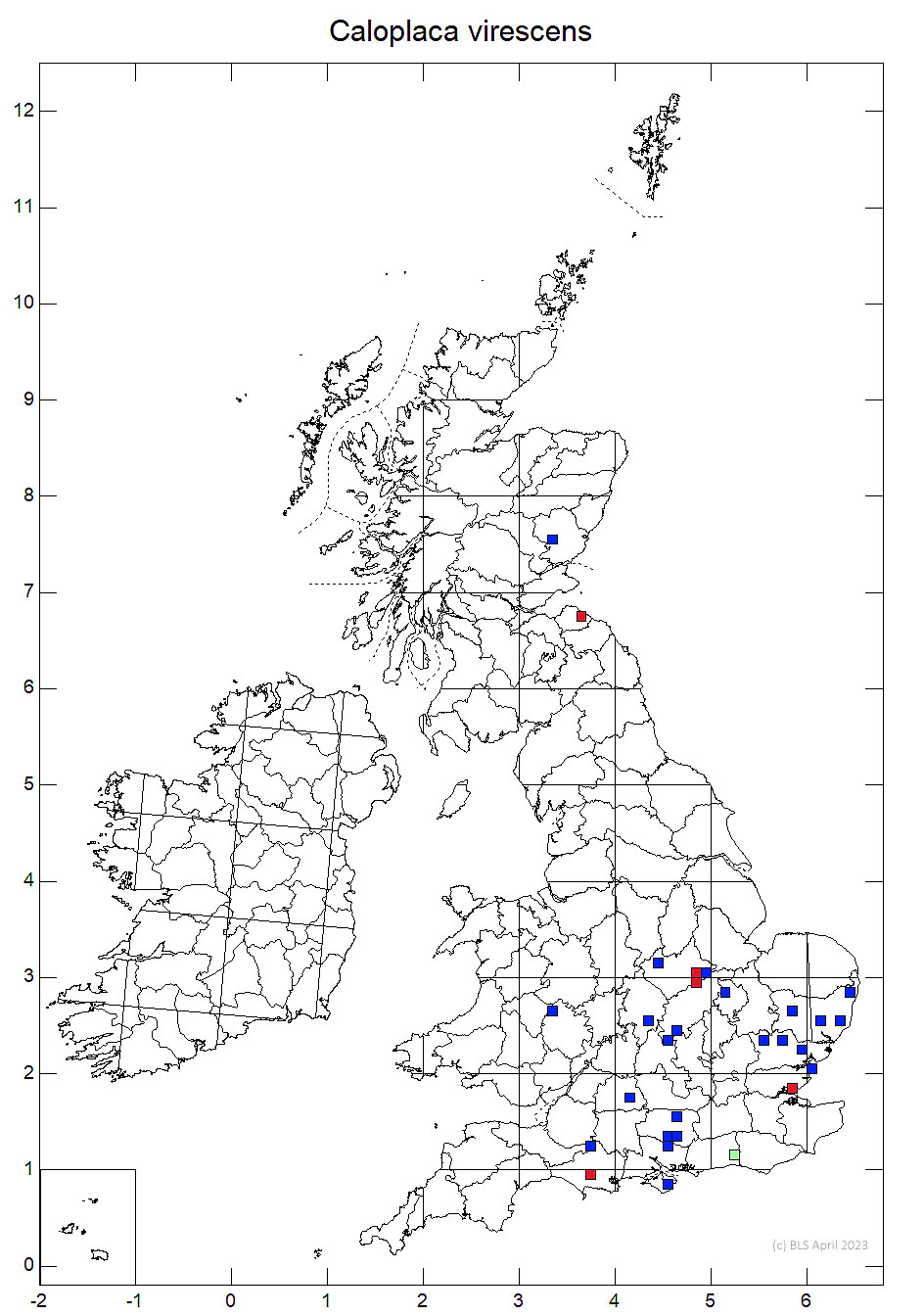 Caloplaca virescens 10km sq distribution map