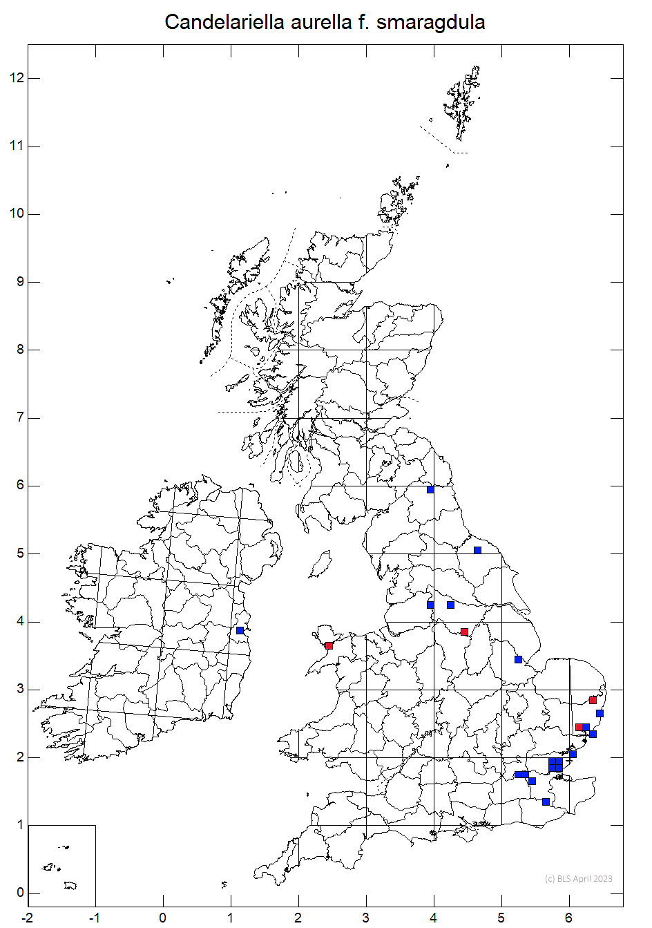 Candelariella aurella f. smaragdula 10km sq distribution map