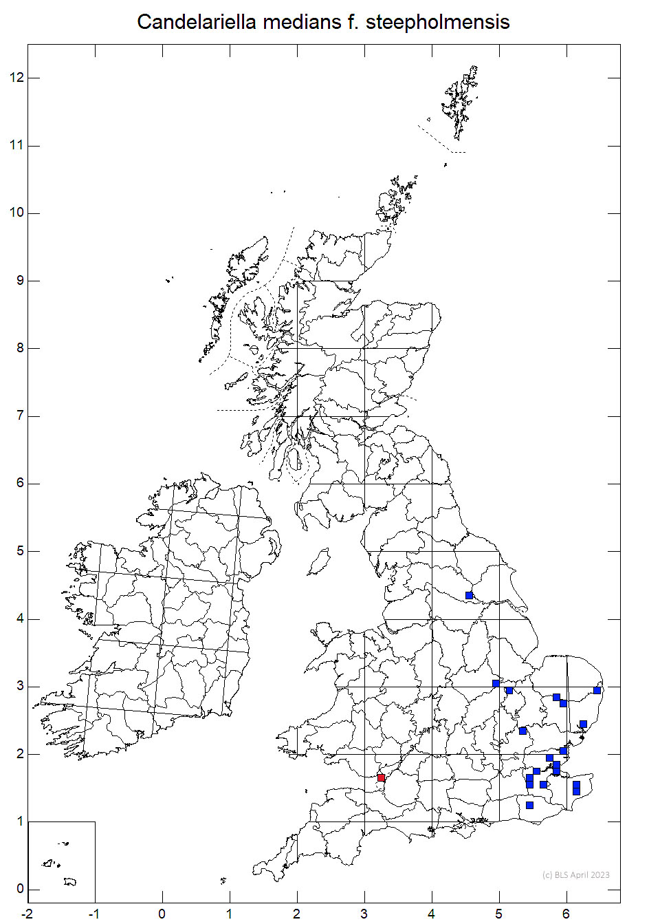 Candelariella medians f. steepholmensis 10km sq distribution map