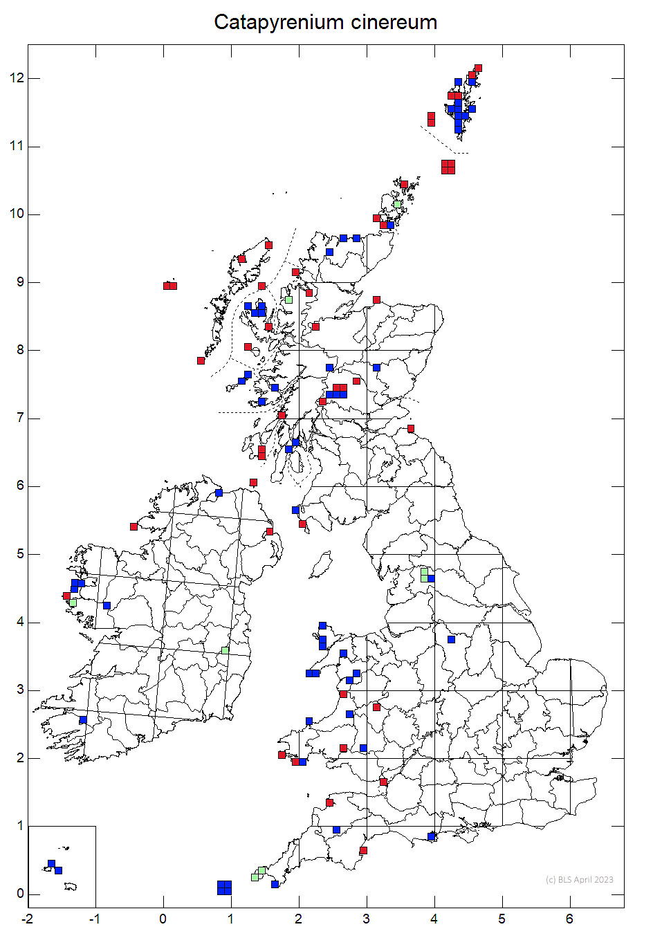 Catapyrenium cinereum 10km sq distribution map