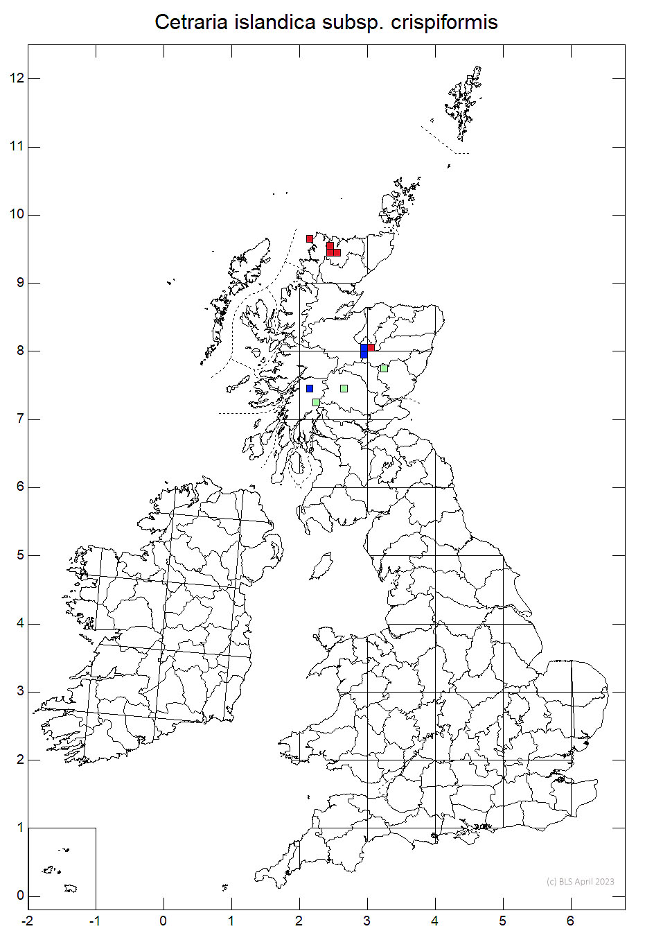 Cetraria islandica subsp. crispiformis 10km sq distribution map