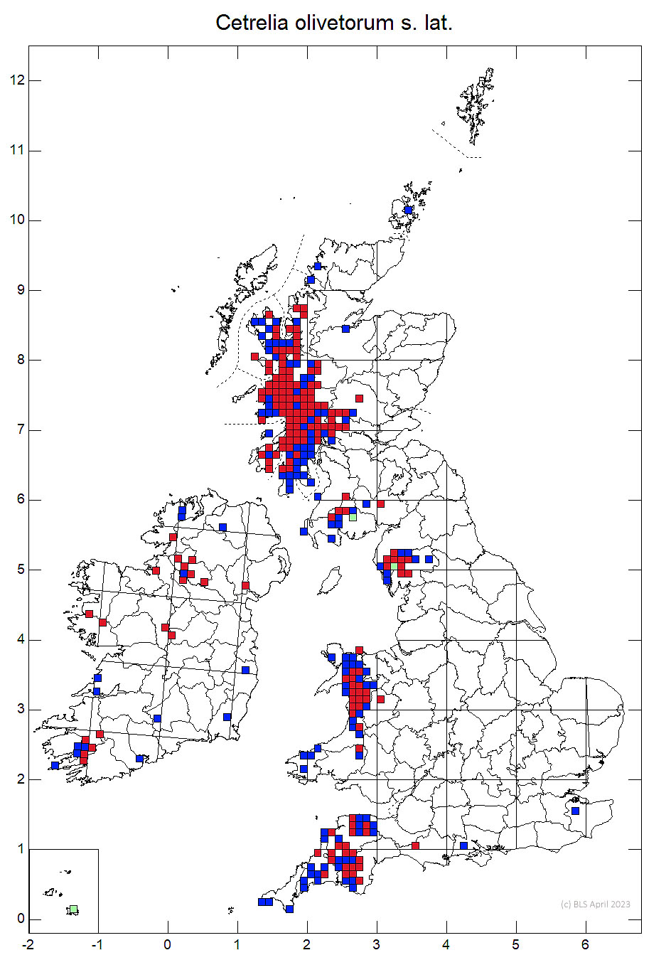 Cetrelia olivetorum s. lat. 10km sq distribution map
