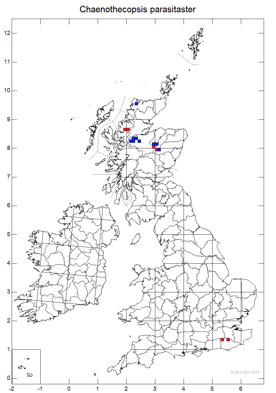 Chaenothecopsis parasitaster 10km sq distribution map