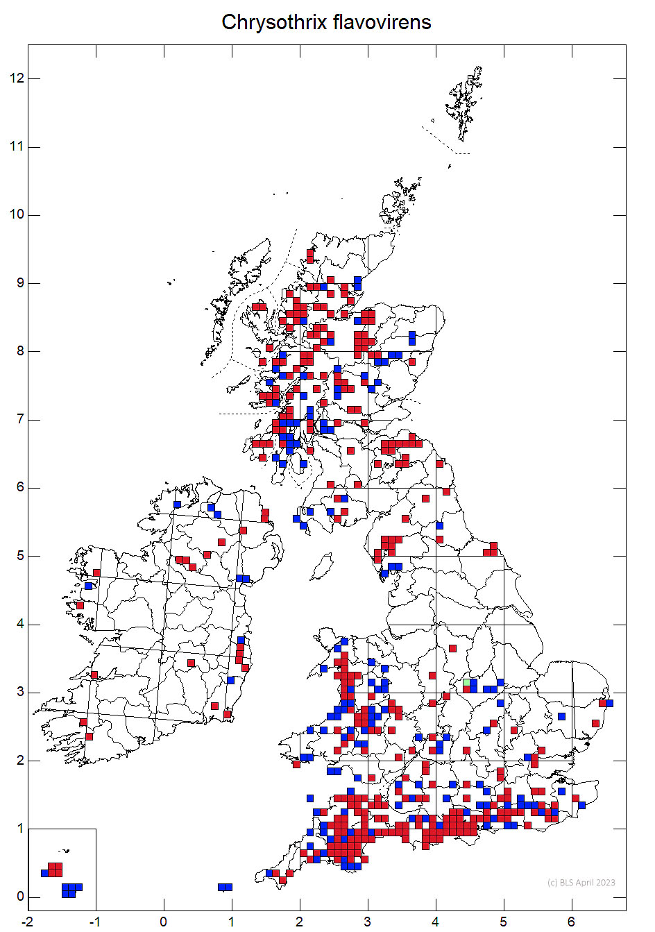 Chrysothrix flavovirens 10km sq distribution map