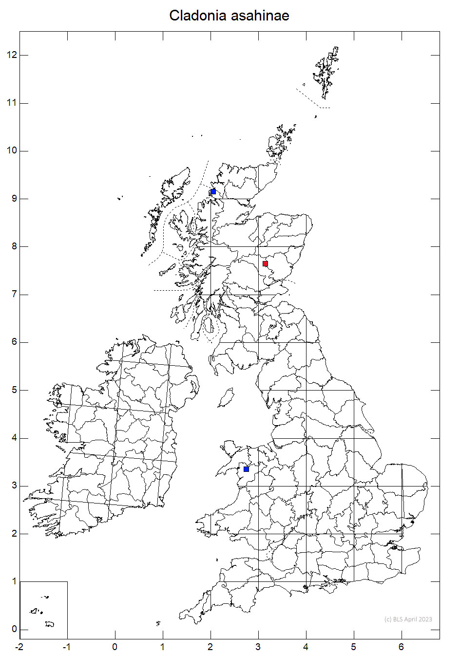 Cladonia asahinae 10km sq distribution map