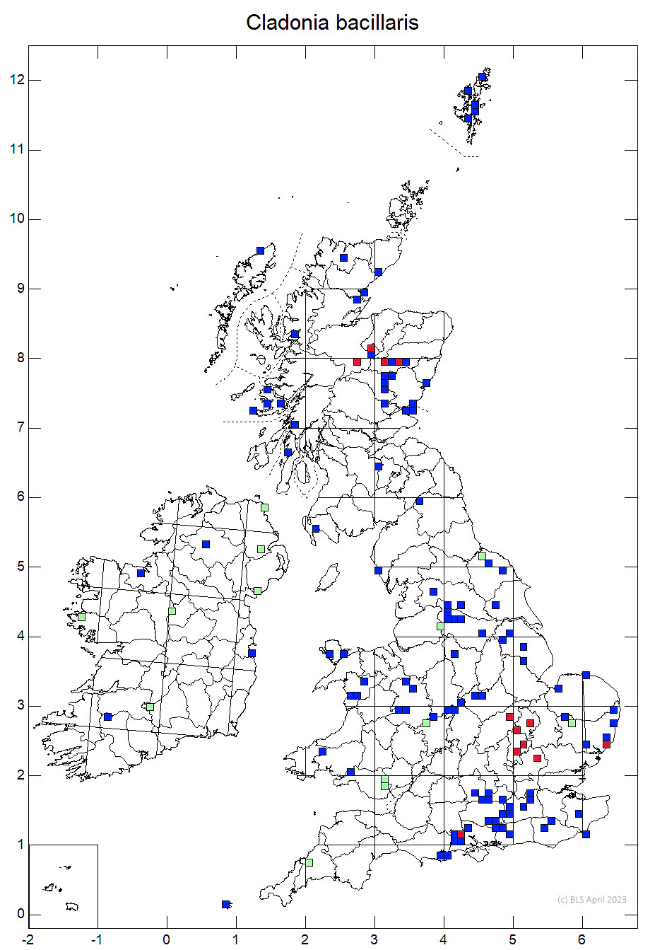 Cladonia bacillaris 10km sq distribution map