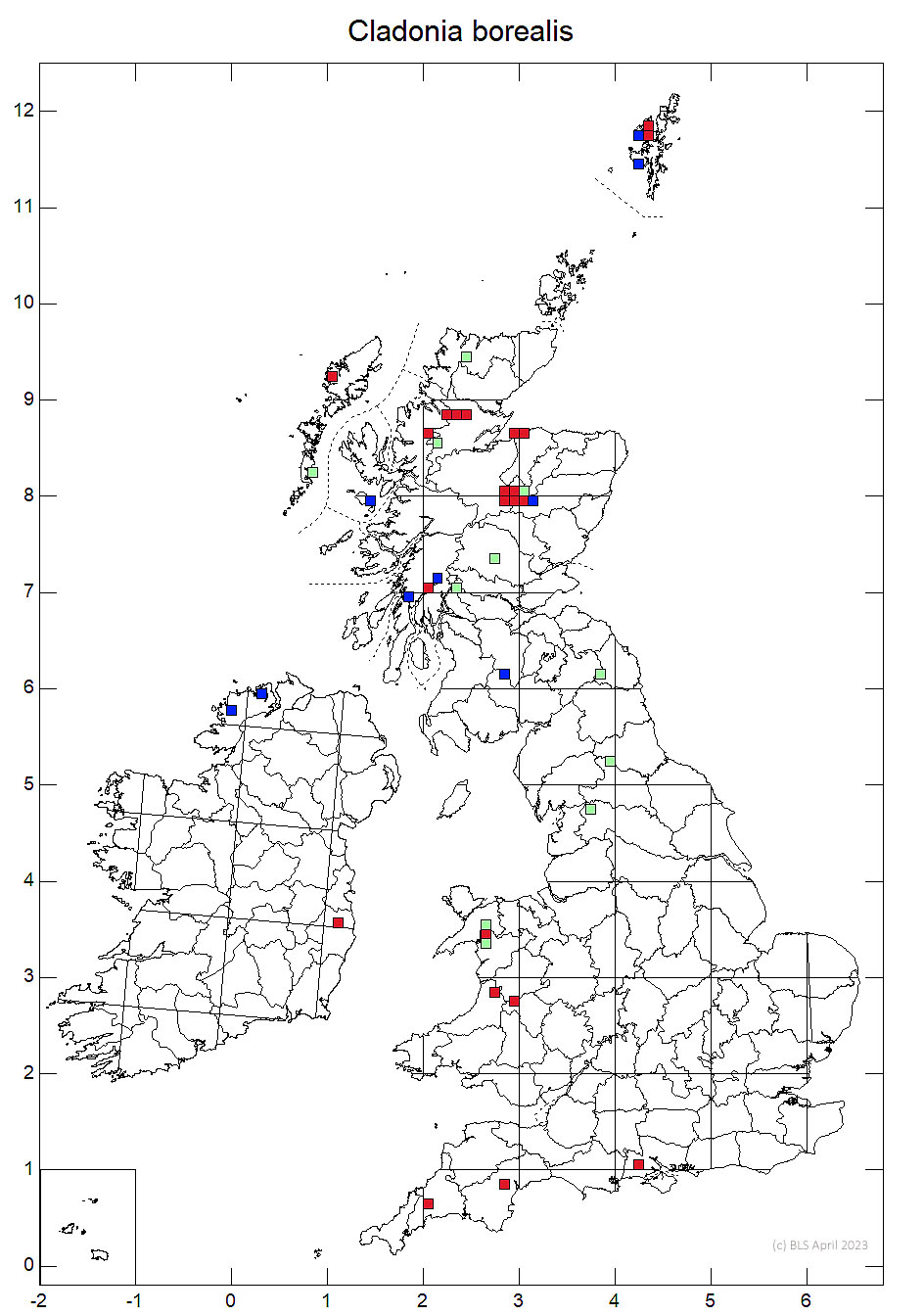 Cladonia borealis 10km sq distribution map