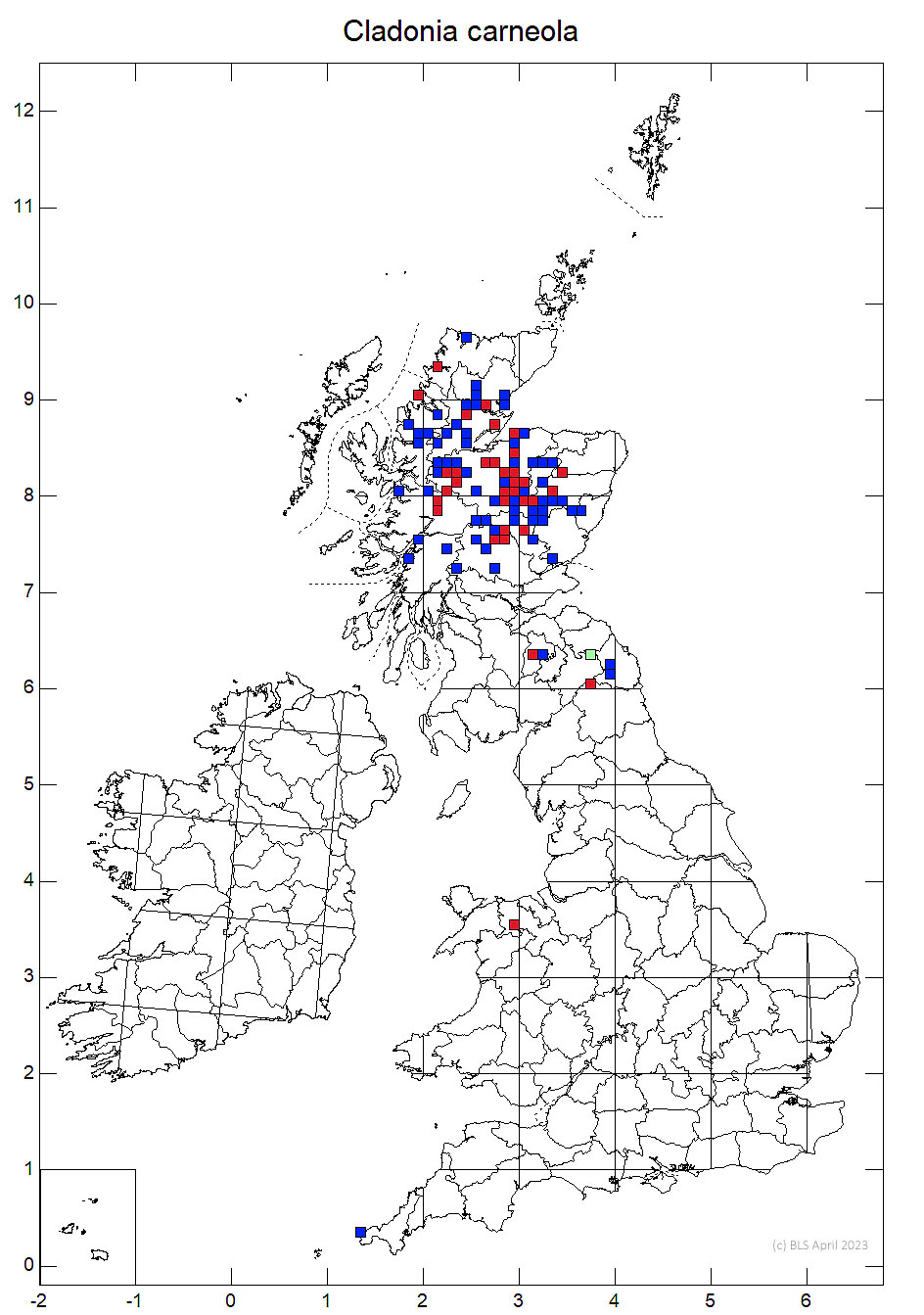 Cladonia carneola 10km sq distribution map