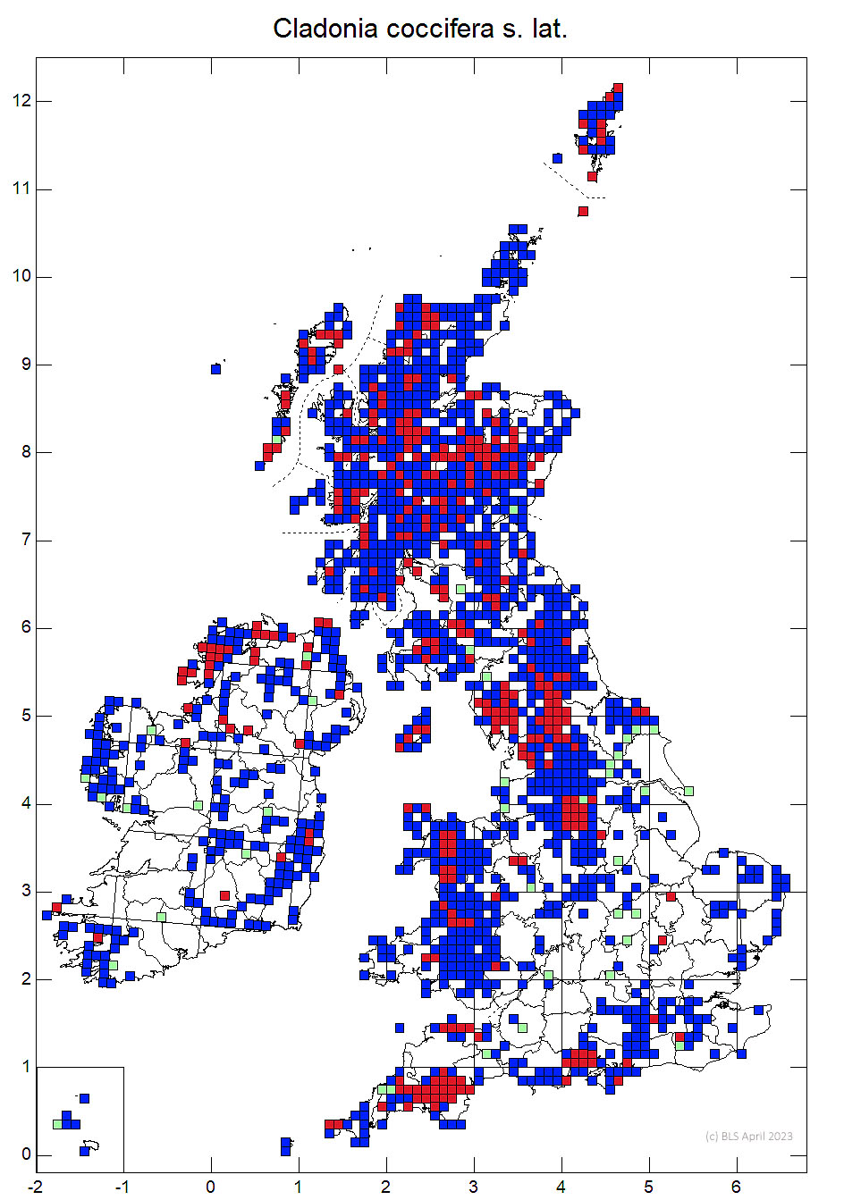 Cladonia coccifera s. lat. 10km sq distribution map