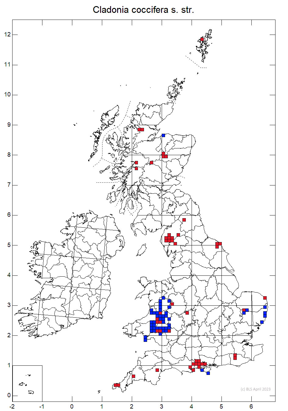 Cladonia coccifera s. str. 10km sq distribution map