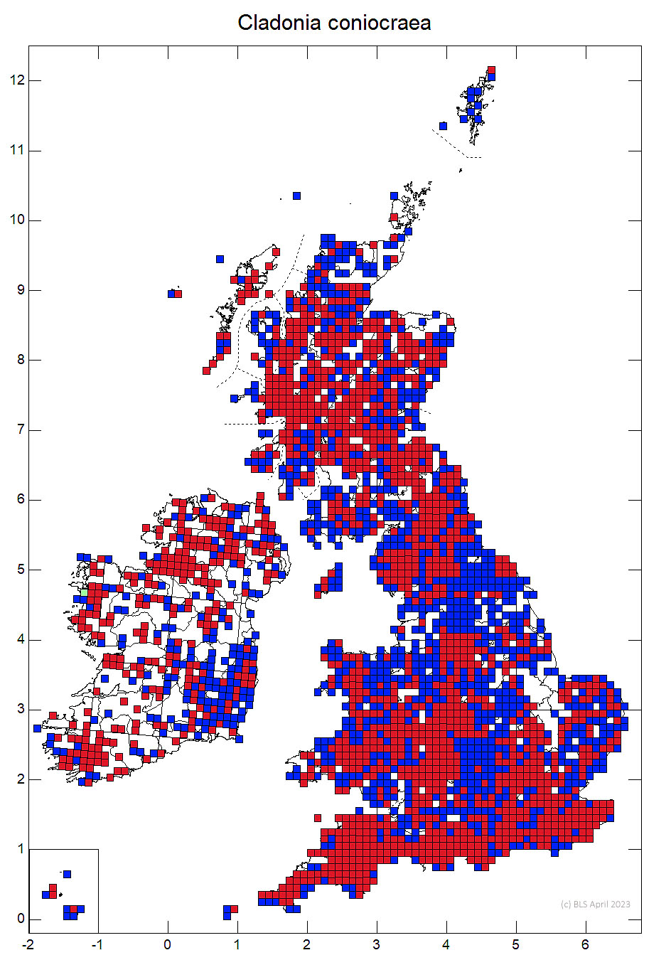 Cladonia coniocraea 10km sq distribution map