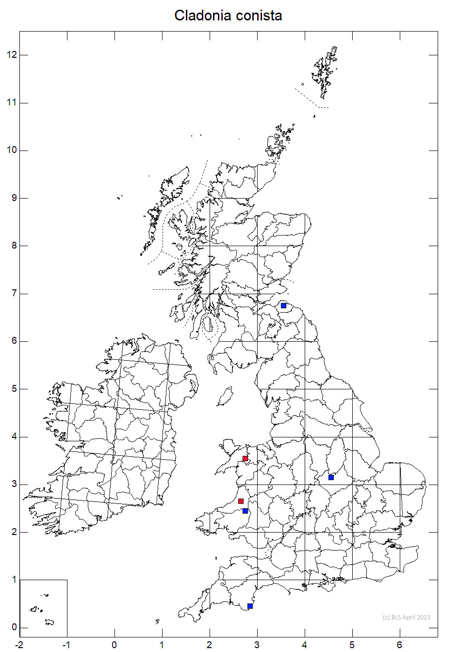 Cladonia conista 10km sq distribution map