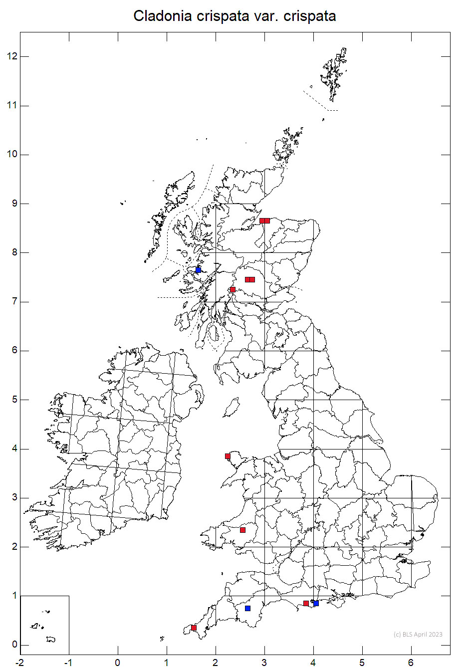 Cladonia crispata var. crispata 10km sq distribution map