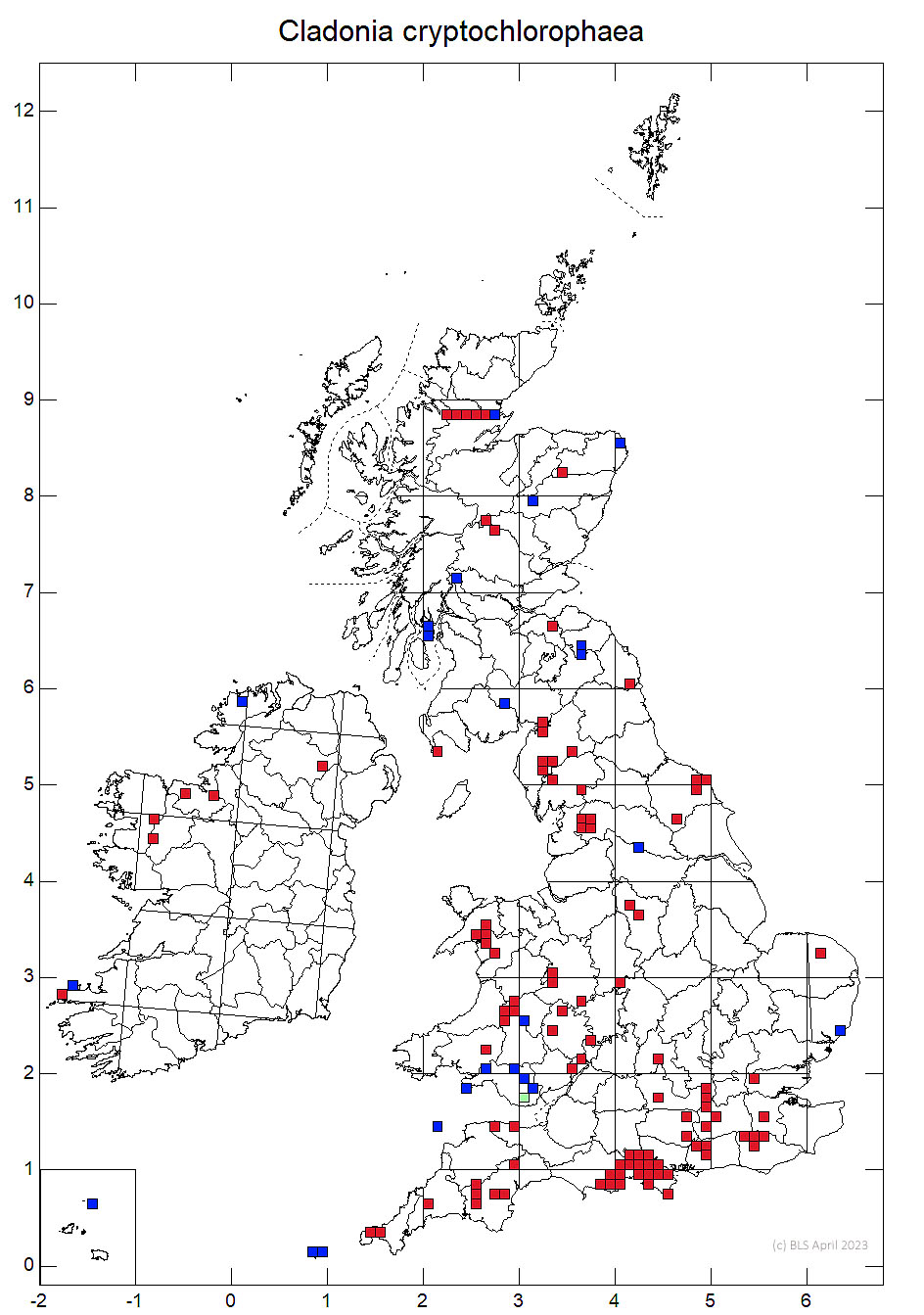 Cladonia cryptochlorophaea 10km sq distribution map