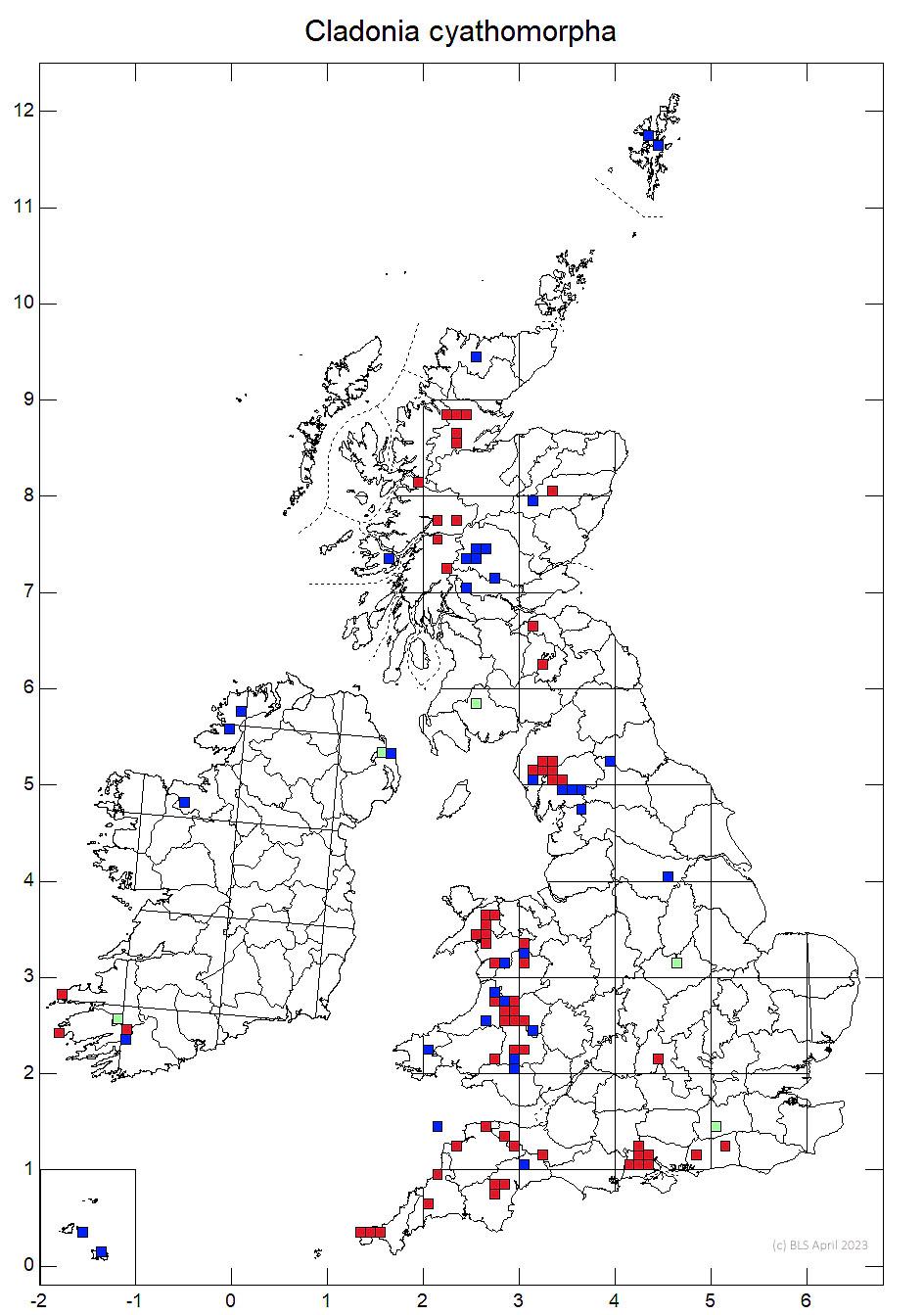 Cladonia cyathomorpha 10km sq distribution map