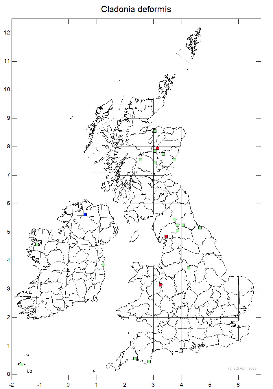 Cladonia deformis 10km sq distribution map