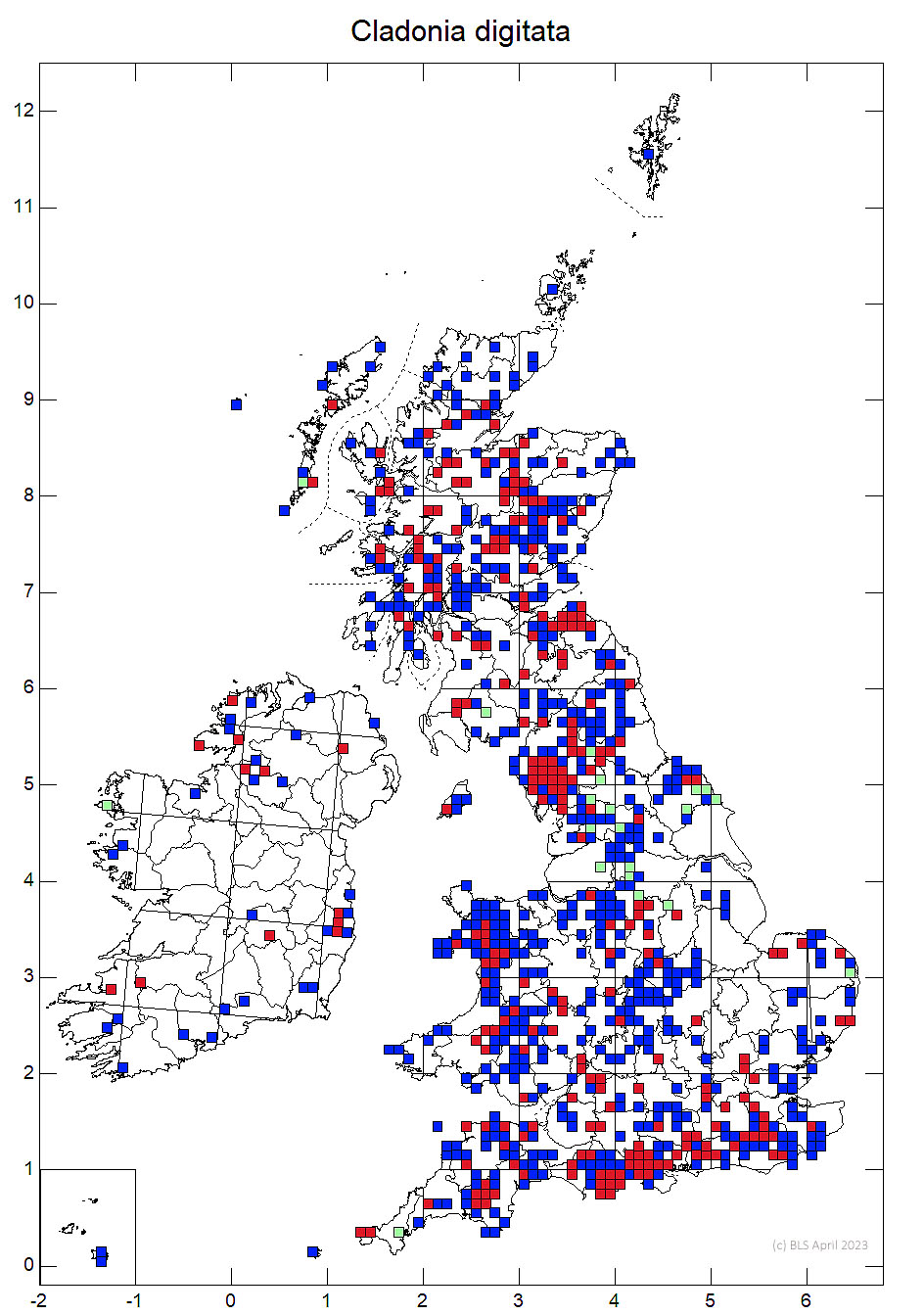 Cladonia digitata 10km sq distribution map