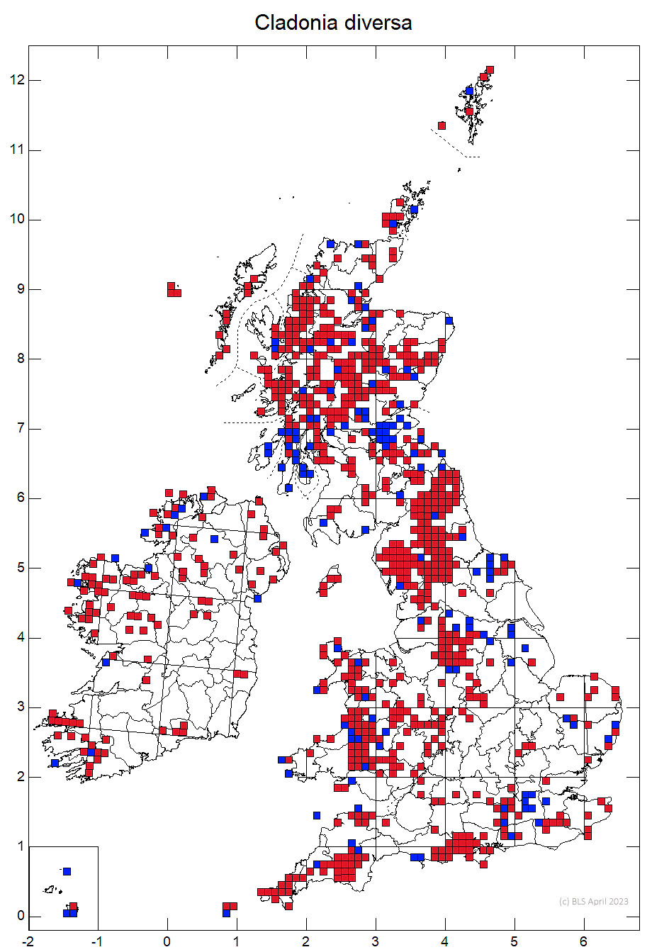 Cladonia diversa 10km sq distribution map