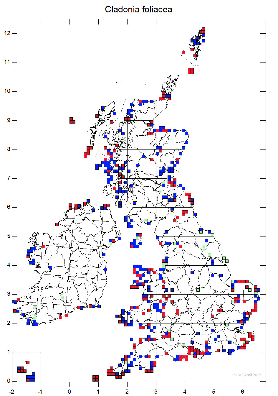 Cladonia foliacea 10km sq distribution map