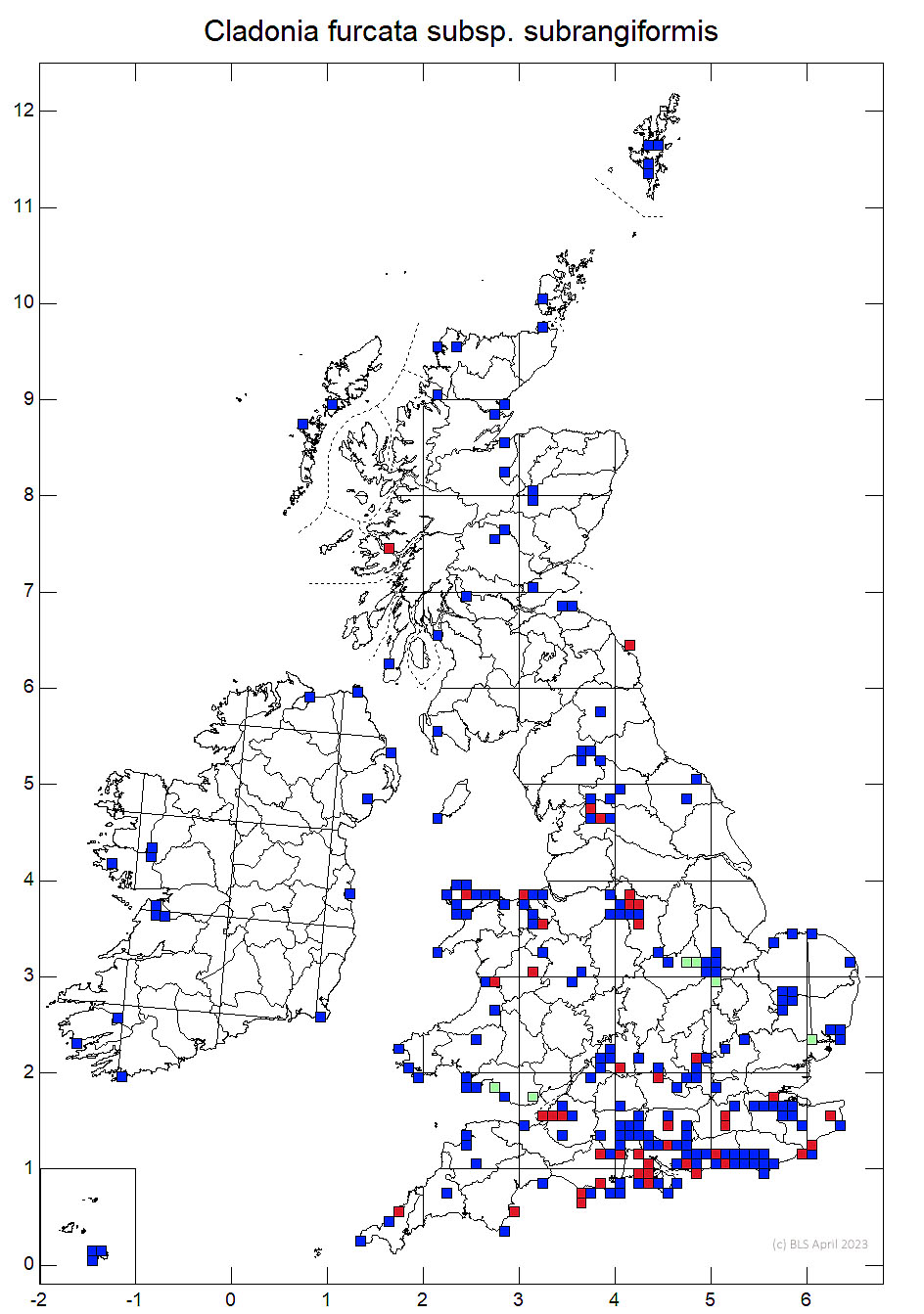 Cladonia furcata subsp. subrangiformis 1km sq distribution map