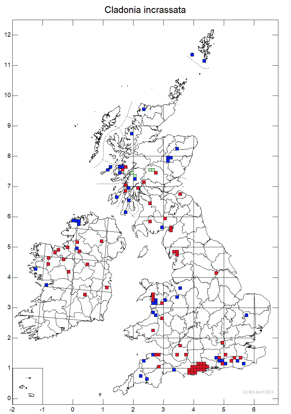 Cladonia incrassata 10km sq distribution map