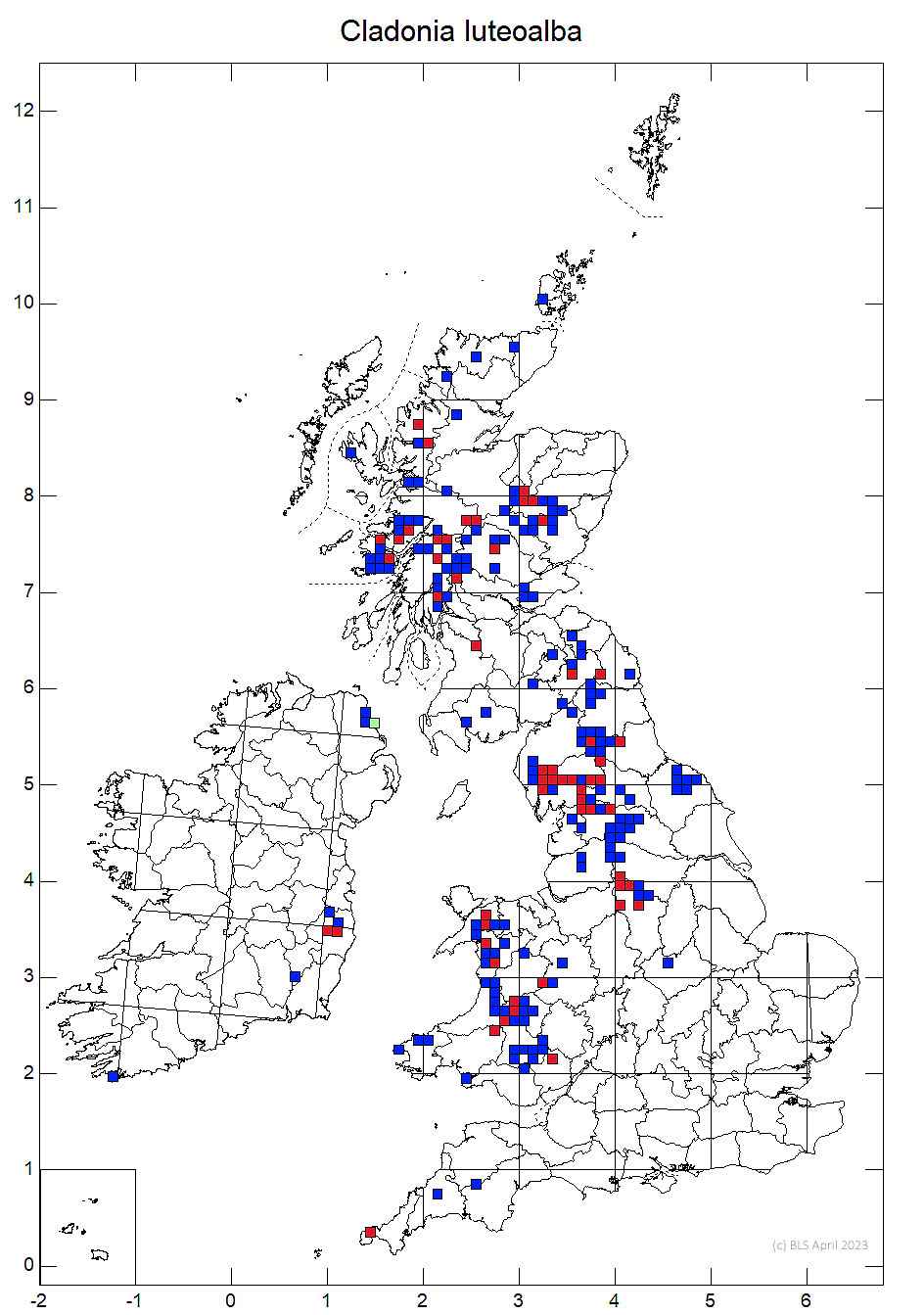 Cladonia luteoalba 10km sq distribution map