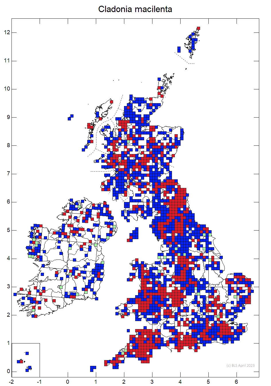 Cladonia macilenta 10km sq distribution map