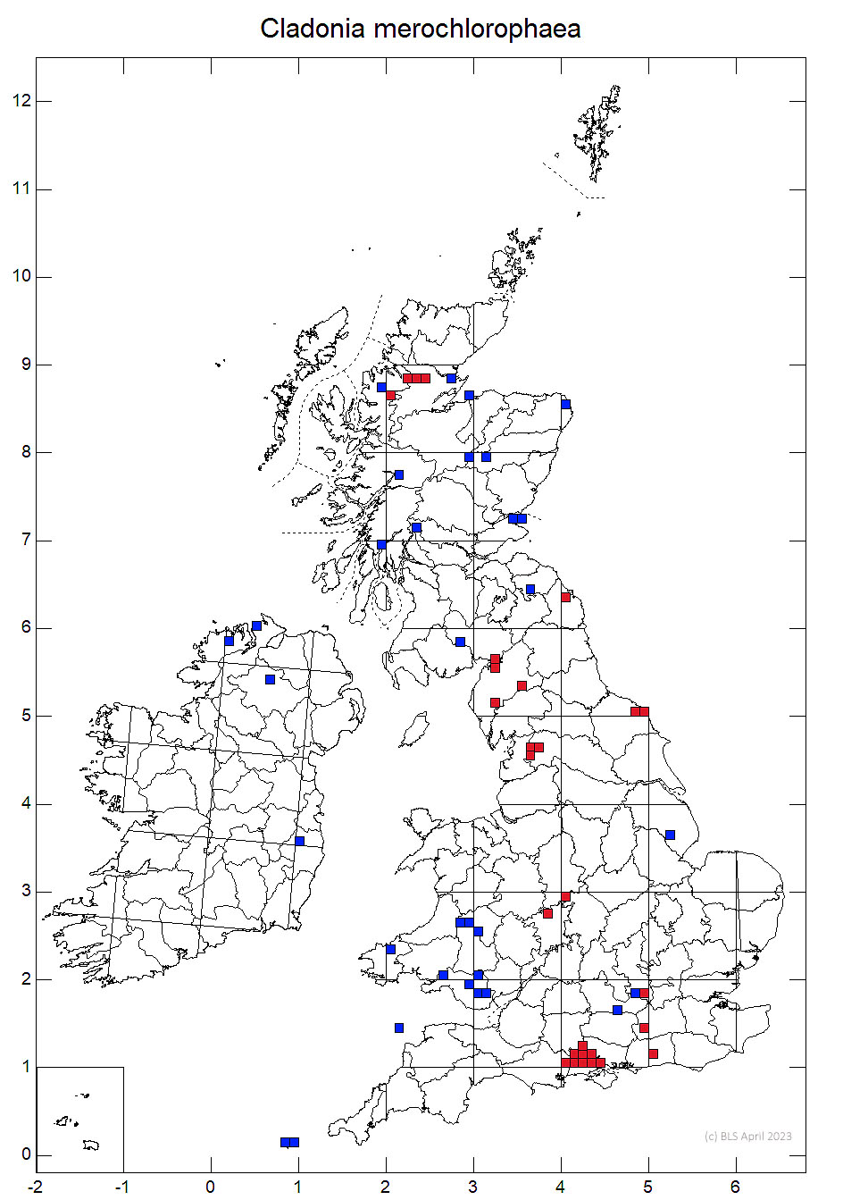 Cladonia merochlorophaea 10km sq distribution map