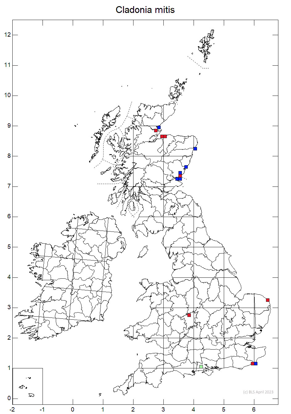 Cladonia mitis 10km sq distributon map