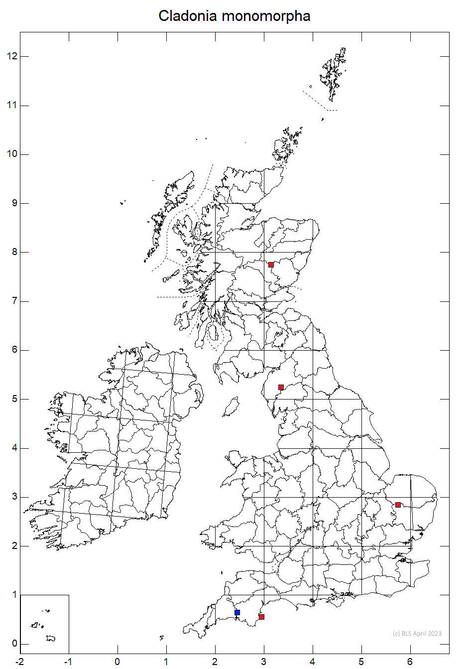 Cladonia monomorpha 10km sq distribution map
