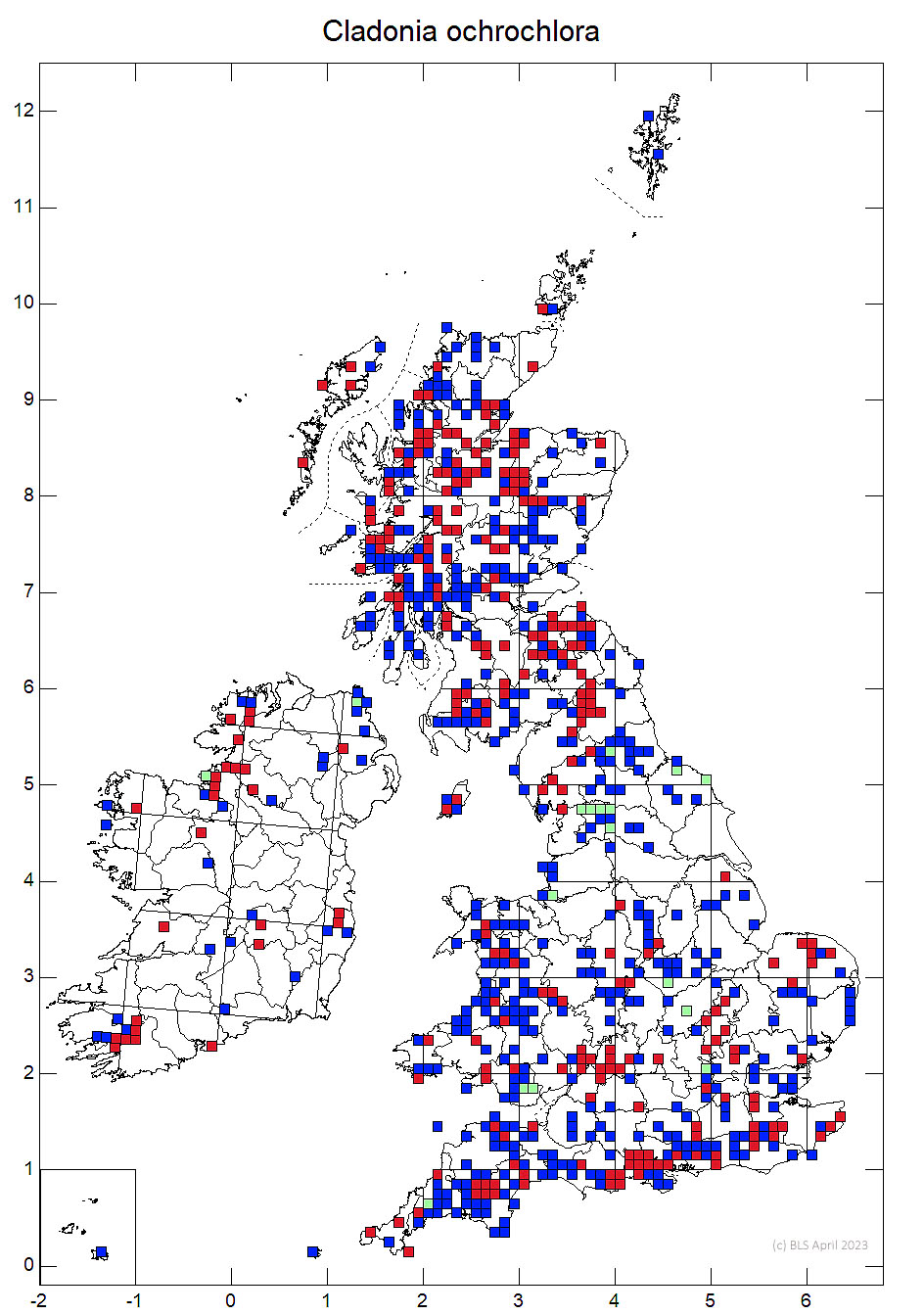 Cladonia ochrochlora 10km sq distribution map