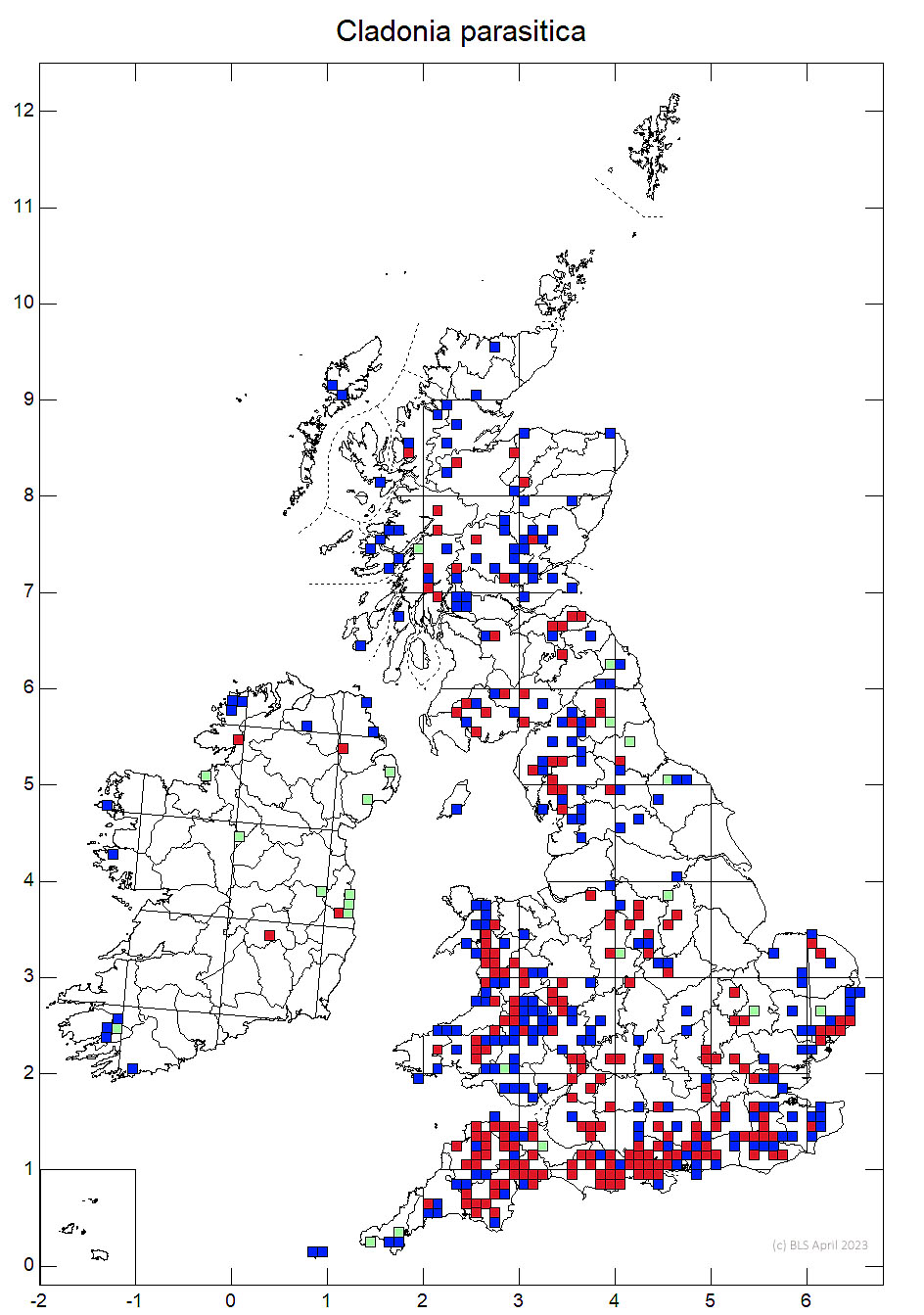Cladonia parasitica 10km sq distribution map