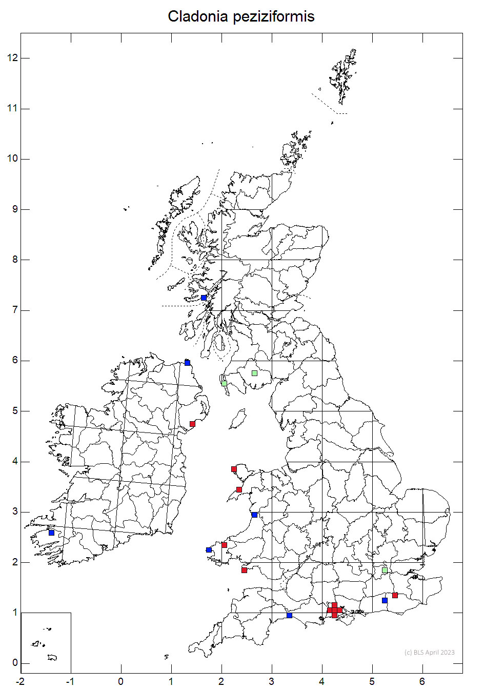 Cladonia peziziformis 10km sq distribution map