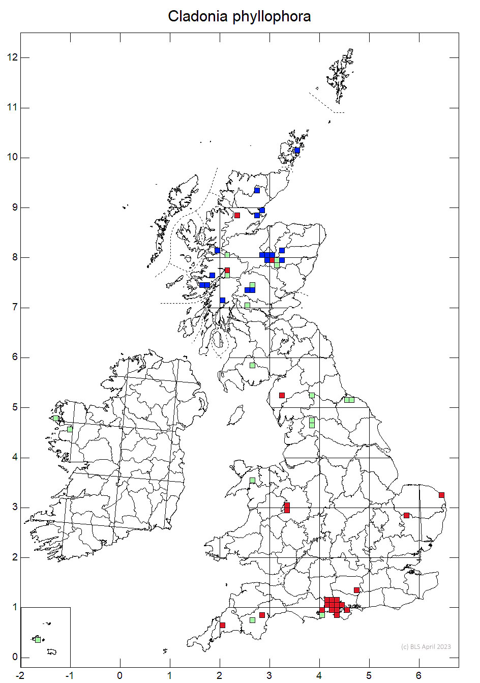 Cladonia phyllophora 10km sq distribution map